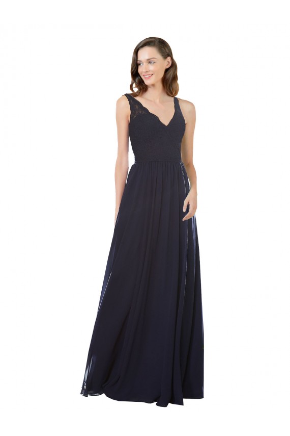 Bleu marine foncé Trapèze Col V Mousseline Dentelle Longue Robes demoiselle d'honneur à Vendre