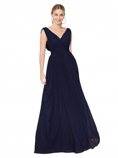 Bleu marine foncé Trapèze Col V Mousseline Longue Formelles Robes demoiselle d'honneur / Robes de soirée / Robes de bal à Vendre