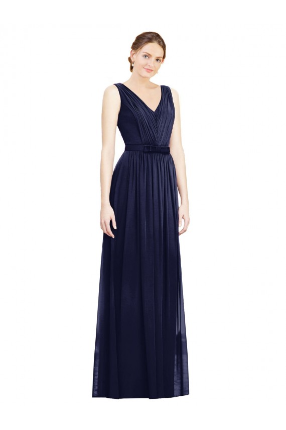 Bleu marine foncé Trapèze Col V Mousseline Longue Robes demoiselle d'honneur à Vendre