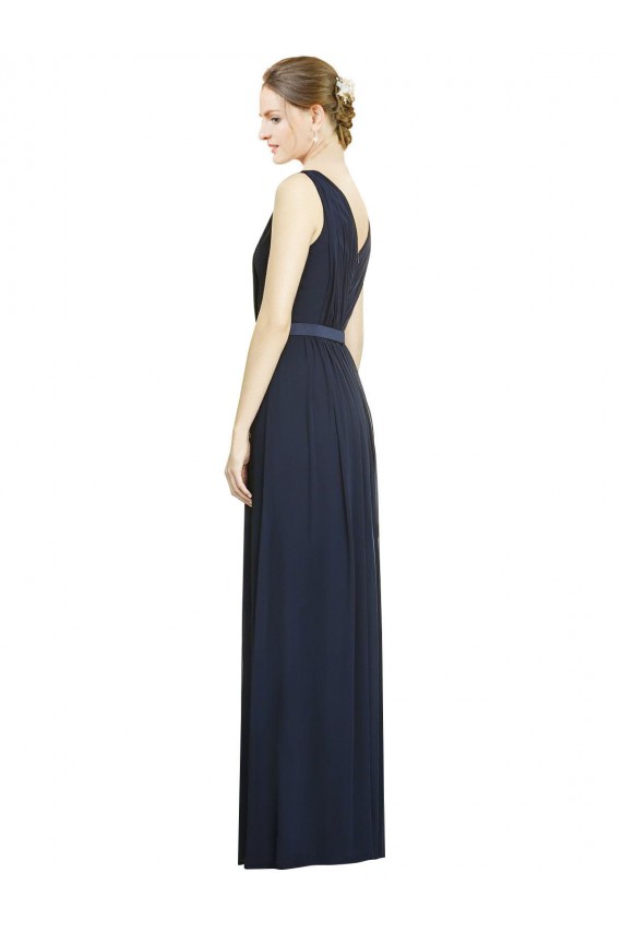 Bleu marine foncé Trapèze Col V Mousseline Longue Robes demoiselle d'honneur à Vendre