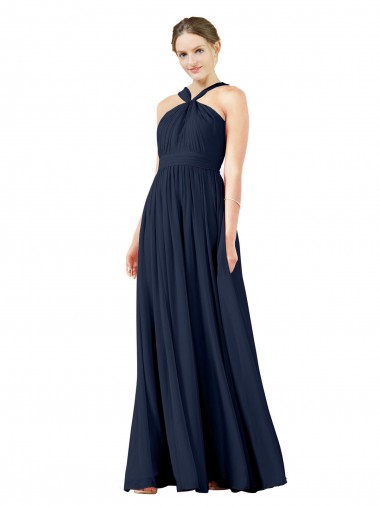 Bleu marine foncé Trapèze Col V Mousseline Longue Robes demoiselle d'honneur à Vendre