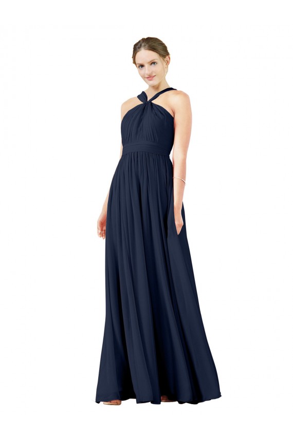 Bleu marine foncé Trapèze Col V Mousseline Longue Robes demoiselle d'honneur à Vendre