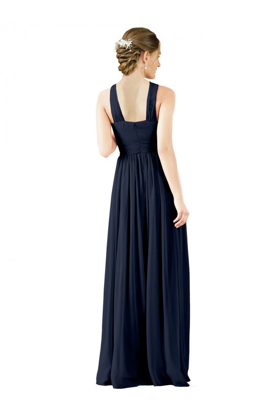 Bleu marine foncé Trapèze Col V Mousseline Longue Robes demoiselle d'honneur à Vendre