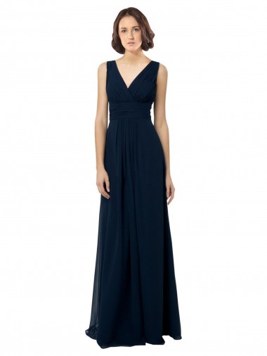 Bleu marine foncé Trapèze Col V Mousseline Longue Robes demoiselle d'honneur à Vendre