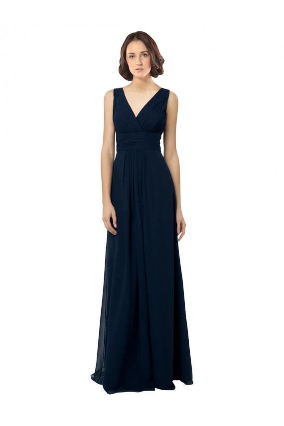 Bleu marine foncé Trapèze Col V Mousseline Longue Robes demoiselle d'honneur à Vendre