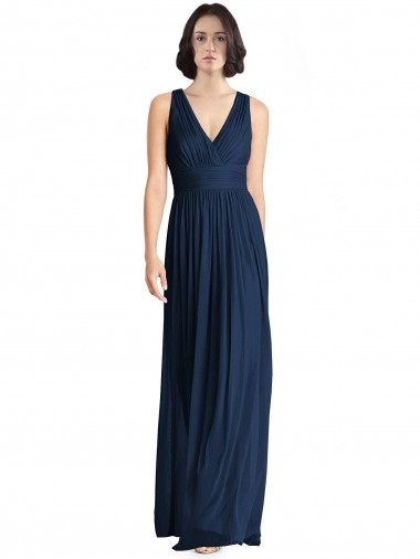 Bleu marine foncé Trapèze Col V Mousseline Longue Robes demoiselle d'honneur à Vendre
