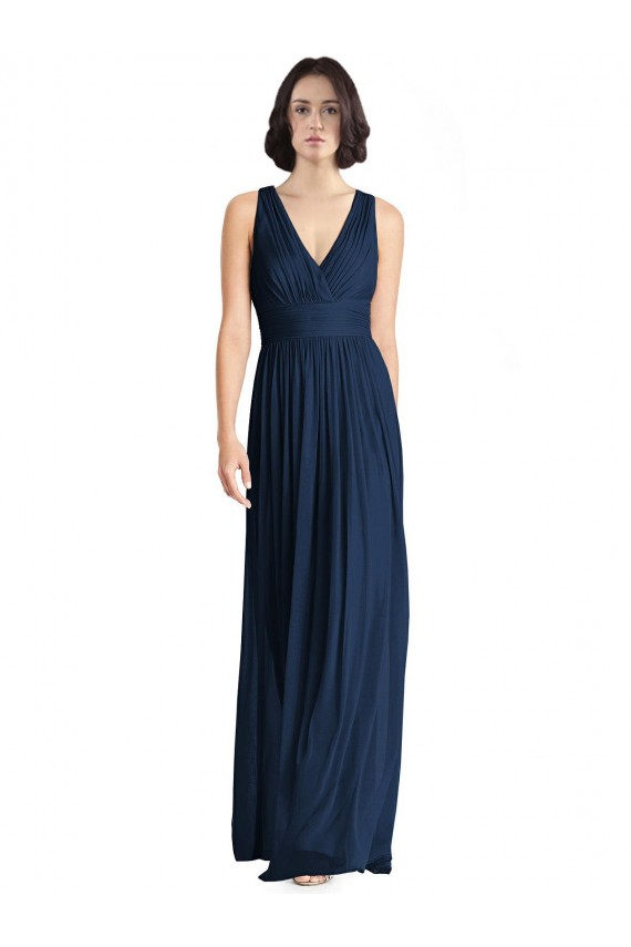 Bleu marine foncé Trapèze Col V Mousseline Longue Robes demoiselle d'honneur à Vendre