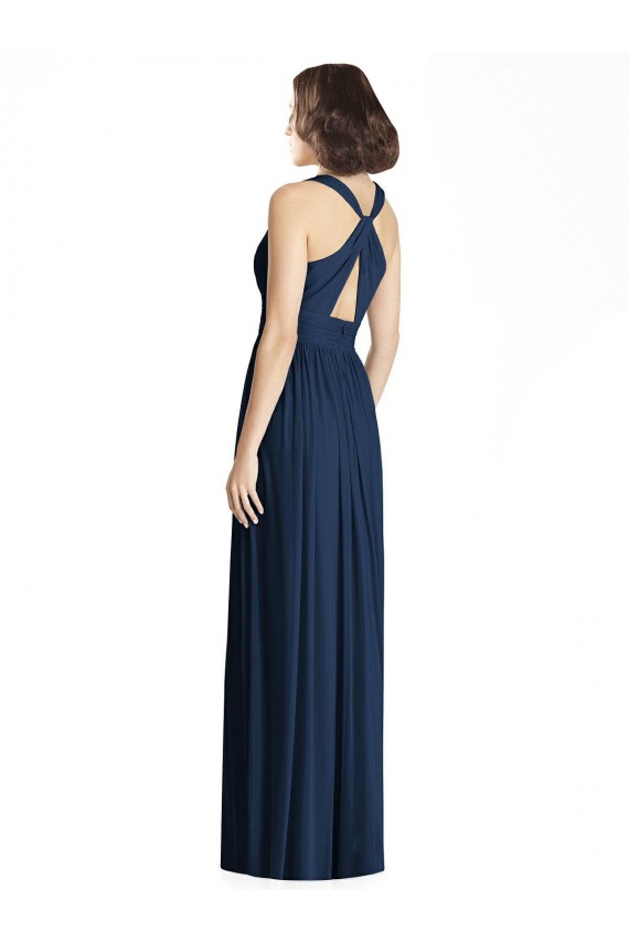 Bleu marine foncé Trapèze Col V Mousseline Longue Robes demoiselle d'honneur à Vendre