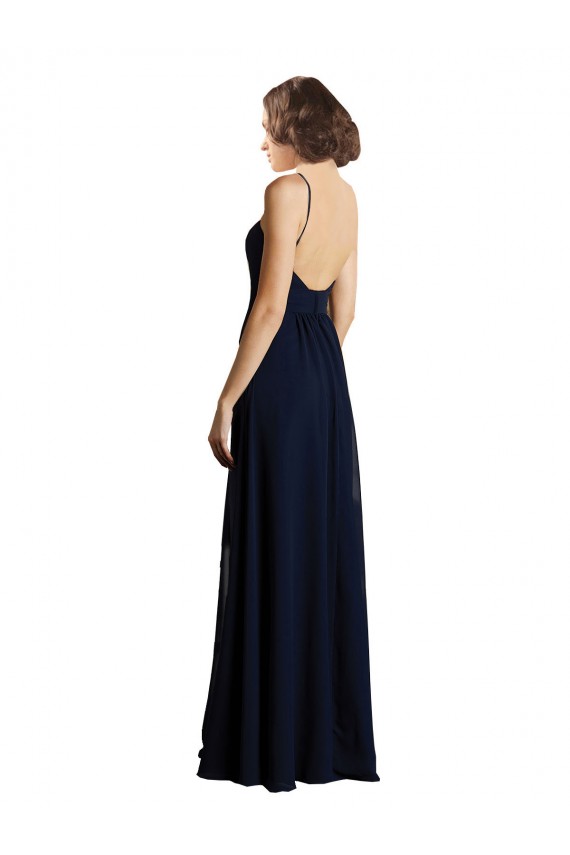 Bleu marine foncé Trapèze Col V Mousseline Longue Robes demoiselle d'honneur à Vendre