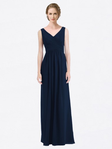 Bleu marine foncé Trapèze Col V Mousseline Longue Robes demoiselle d'honneur à Vendre