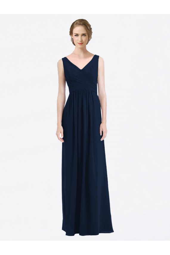 Bleu marine foncé Trapèze Col V Mousseline Longue Robes demoiselle d'honneur à Vendre