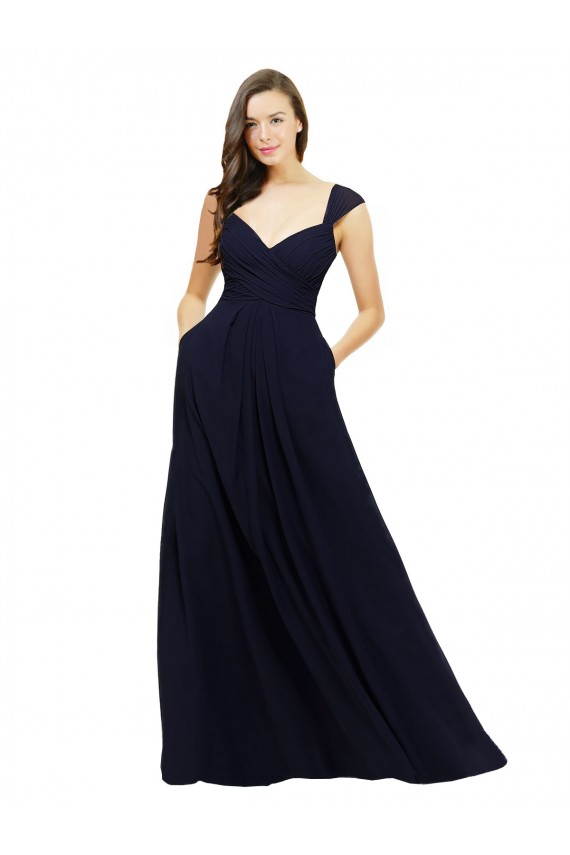 Bleu marine foncé Trapèze Col V Mousseline Longue Robes demoiselle d'honneur à Vendre