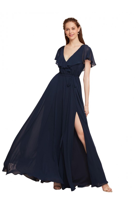Bleu marine foncé Trapèze Col V Mousseline Longue Robes demoiselle d'honneur à Vendre