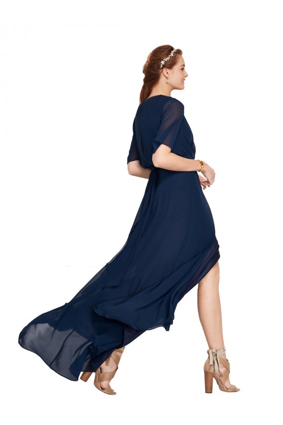 Bleu marine foncé Trapèze Col V Mousseline Longue Robes demoiselle d'honneur à Vendre