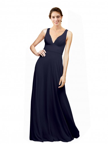 Bleu marine foncé Trapèze Col V Mousseline Longue Robes demoiselle d'honneur à Vendre