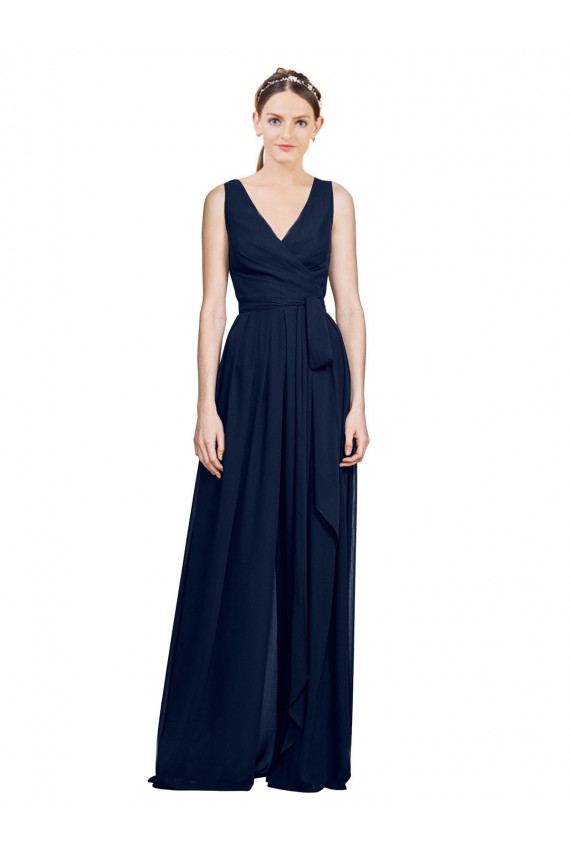 Bleu marine foncé Trapèze Col V Mousseline Longue Robes demoiselle d'honneur à Vendre