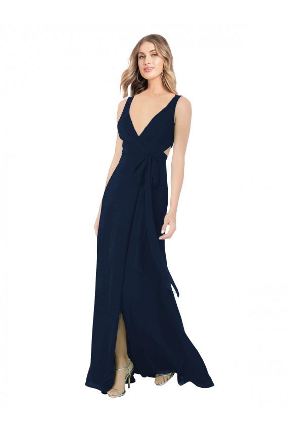 Bleu marine foncé Trapèze Col V Mousseline Longue Robes demoiselle d'honneur à Vendre