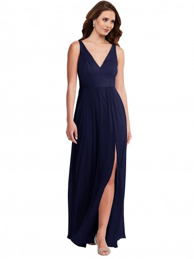 Bleu marine foncé Trapèze Col V Mousseline Longue Robes demoiselle d'honneur à Vendre