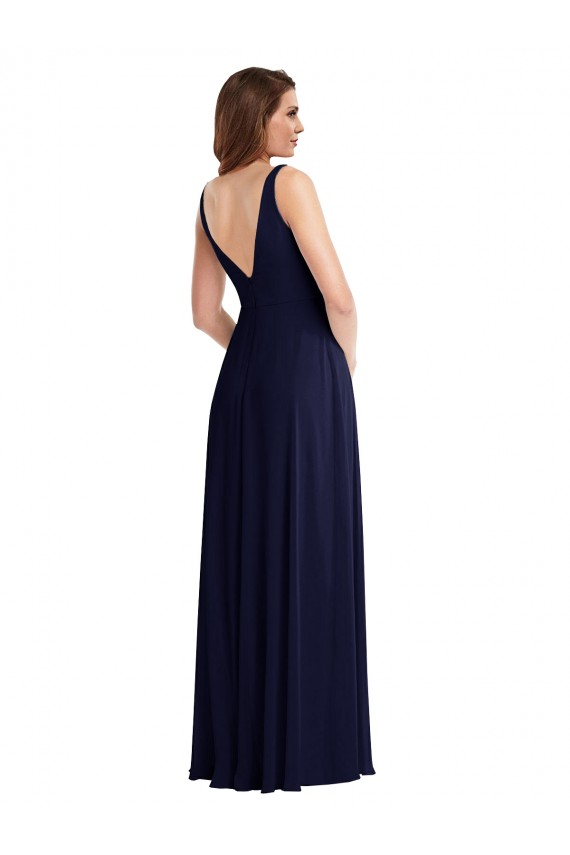 Bleu marine foncé Trapèze Col V Mousseline Longue Robes demoiselle d'honneur à Vendre