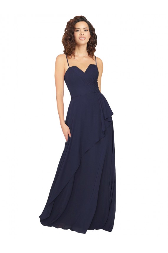 Bleu marine foncé Trapèze Col V Mousseline Longue Robes demoiselle d'honneur à Vendre