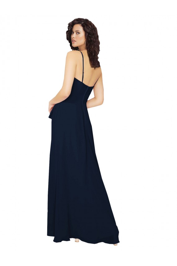 Bleu marine foncé Trapèze Col V Mousseline Longue Robes demoiselle d'honneur à Vendre