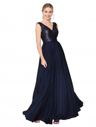 Bleu marine foncé Trapèze Col V Mousseline Paillette Longue Robes demoiselle d'honneur / Robes de bal à Vendre