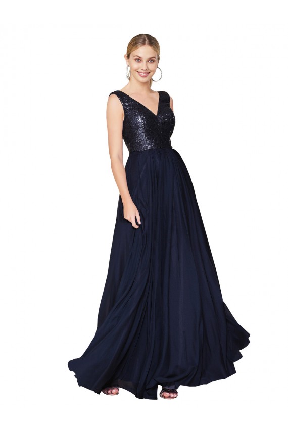 Bleu marine foncé Trapèze Col V Mousseline Paillette Longue Robes demoiselle d'honneur / Robes de bal à Vendre