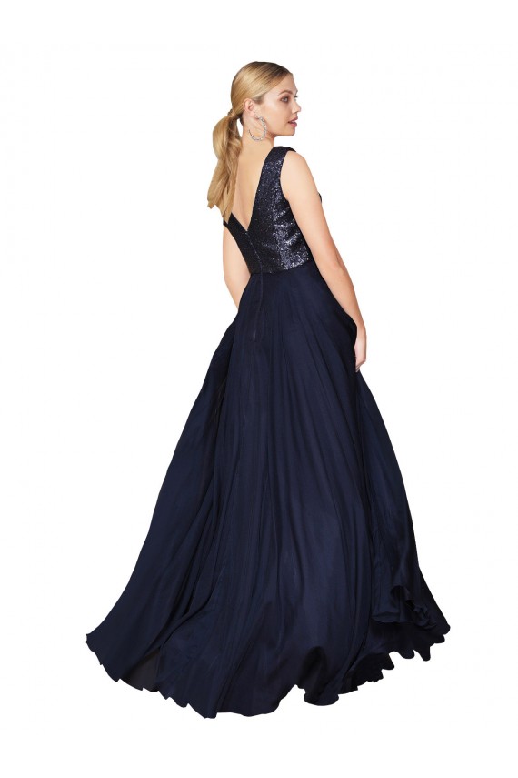 Bleu marine foncé Trapèze Col V Mousseline Paillette Longue Robes demoiselle d'honneur / Robes de bal à Vendre