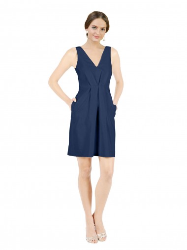 Bleu marine foncé Trapèze Col V Satiné Courte Robes demoiselle d'honneur / Robes de cocktail à Vendre