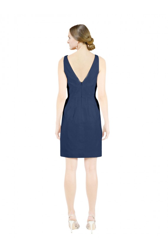 Bleu marine foncé Trapèze Col V Satiné Courte Robes demoiselle d'honneur / Robes de cocktail à Vendre