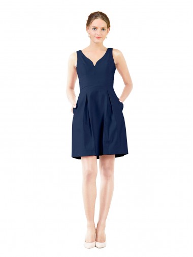 Bleu marine foncé Trapèze Col V Satiné Courte Robes demoiselle d'honneur / Robes de cocktail à Vendre