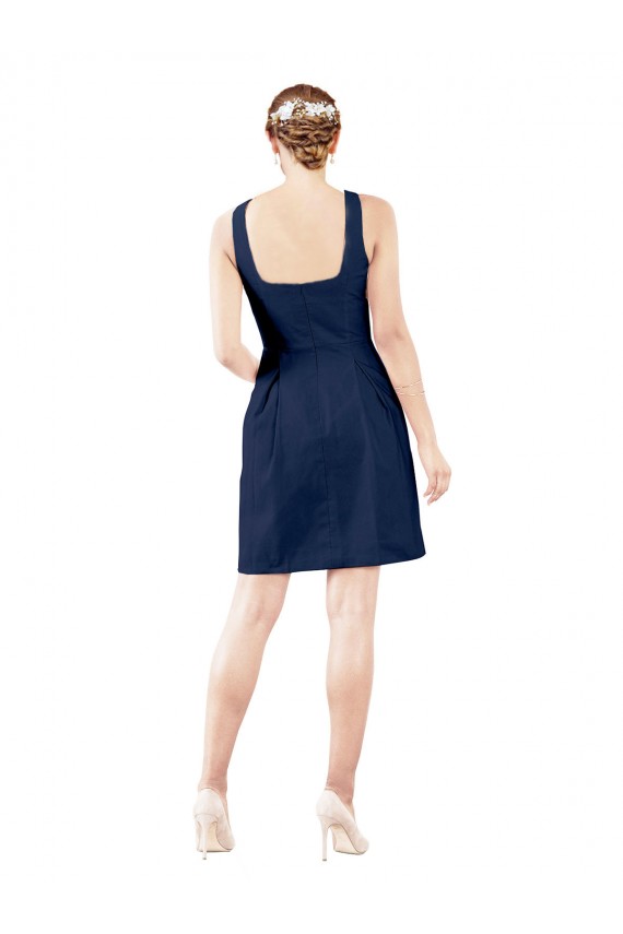 Bleu marine foncé Trapèze Col V Satiné Courte Robes demoiselle d'honneur / Robes de cocktail à Vendre