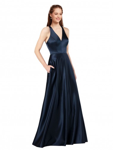 Bleu marine foncé Trapèze Col V Satiné Longue Formelles Robes demoiselle d'honneur / Robes de soirée / Robes de bal à Vendre