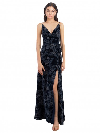 Bleu marine foncé Trapèze Col V Velours Floral Velours Stretch Longue Robes demoiselle d'honneur à Vendre