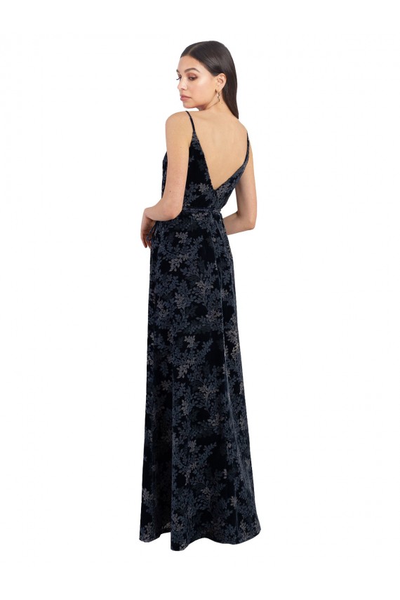 Bleu marine foncé Trapèze Col V Velours Floral Velours Stretch Longue Robes demoiselle d'honneur à Vendre