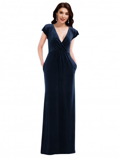 Bleu marine foncé Trapèze Col V Velours Stretch Longue Formelles Robes demoiselle d'honneur / Robes de soirée / Robes de bal à Vendre