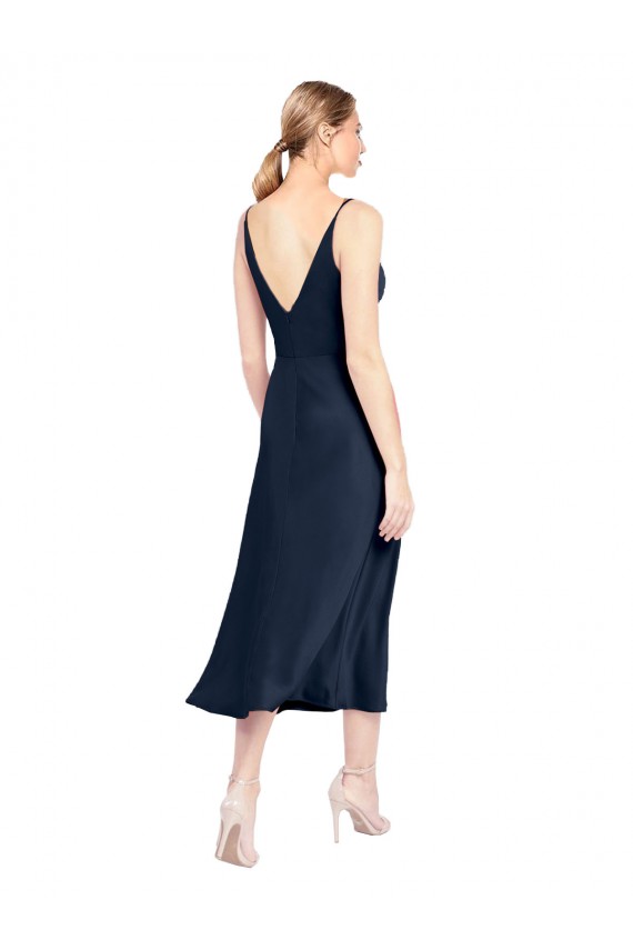 Bleu marine foncé Trapèze Col V midi Satiné Stretch Courte Robes demoiselle d'honneur / Robes de soirée / Robes de cocktail à Vendre