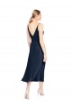 Bleu marine foncé Trapèze Col V midi Satiné Stretch Courte Robes demoiselle d'honneur / Robes de soirée / Robes de cocktail à Vendre