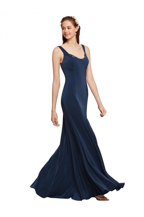 Bleu marine foncé Trapèze Col rond Crêpe Stretch Longue Formelles Robes demoiselle d'honneur / Robes de soirée / Robes de bal à Vendre