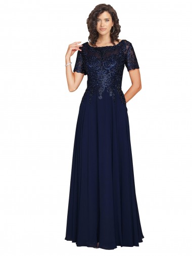 Bleu marine foncé Trapèze Col rond Mousseline Longue Robes demoiselle d'honneur / Robes de bal à Vendre