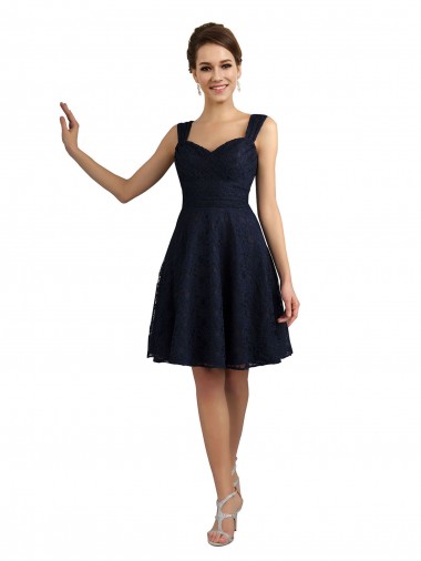 Bleu marine foncé Trapèze Dentelle Courte Robes demoiselle d'honneur / Robes de cocktail à Vendre