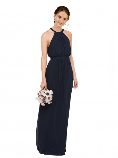 Bleu marine foncé Trapèze Licou Col Haut Mousseline Longue Robes demoiselle d'honneur à Vendre