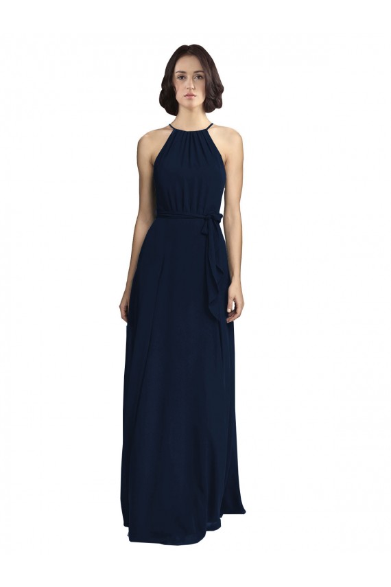 Bleu marine foncé Trapèze Licou Col Haut Mousseline Longue Robes demoiselle d'honneur à Vendre