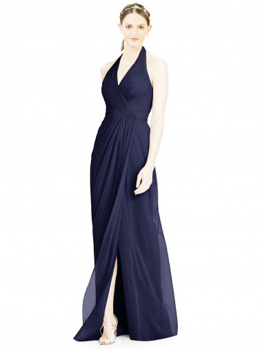 Bleu marine foncé Trapèze Licou Col V Mousseline Longue Robes demoiselle d'honneur à Vendre