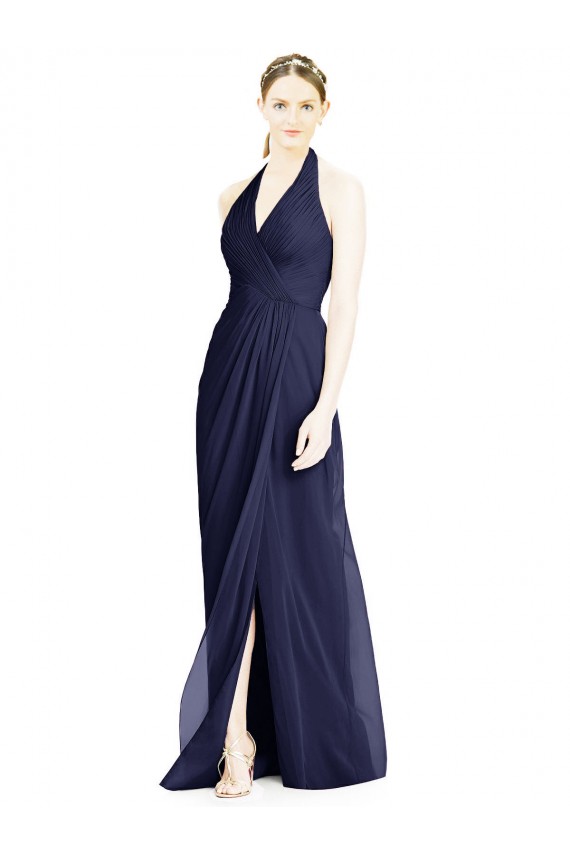 Bleu marine foncé Trapèze Licou Col V Mousseline Longue Robes demoiselle d'honneur à Vendre