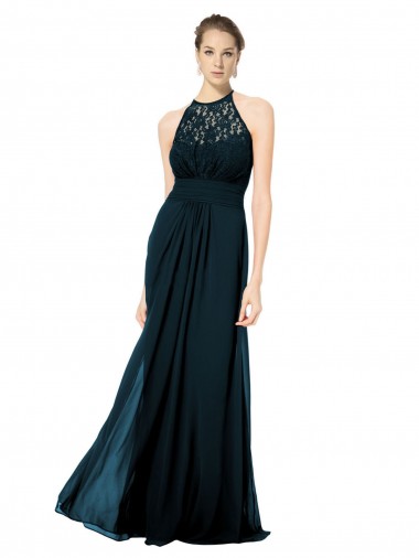 Bleu marine foncé Trapèze Licou Illusion Mousseline Dentelle Longue Robes demoiselle d'honneur à Vendre