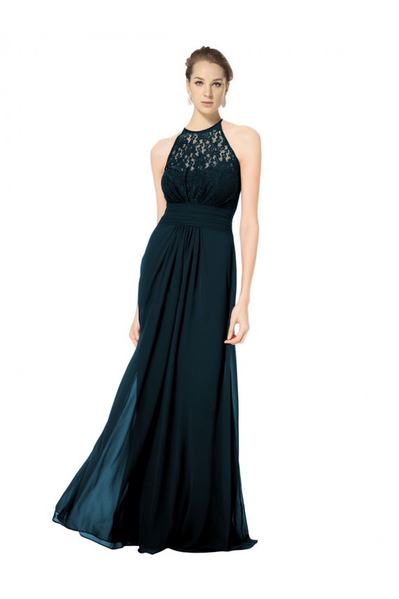 Bleu marine foncé Trapèze Licou Illusion Mousseline Dentelle Longue Robes demoiselle d'honneur à Vendre