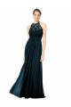 Bleu marine foncé Trapèze Licou Illusion Mousseline Dentelle Longue Robes demoiselle d'honneur à Vendre