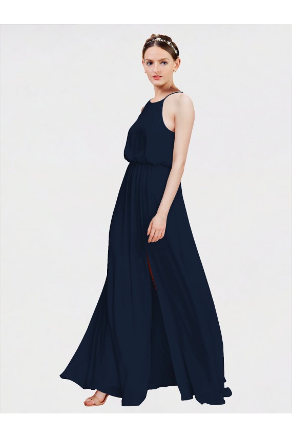 Bleu marine foncé Trapèze Licou Mousseline Longue Robes demoiselle d'honneur à Vendre