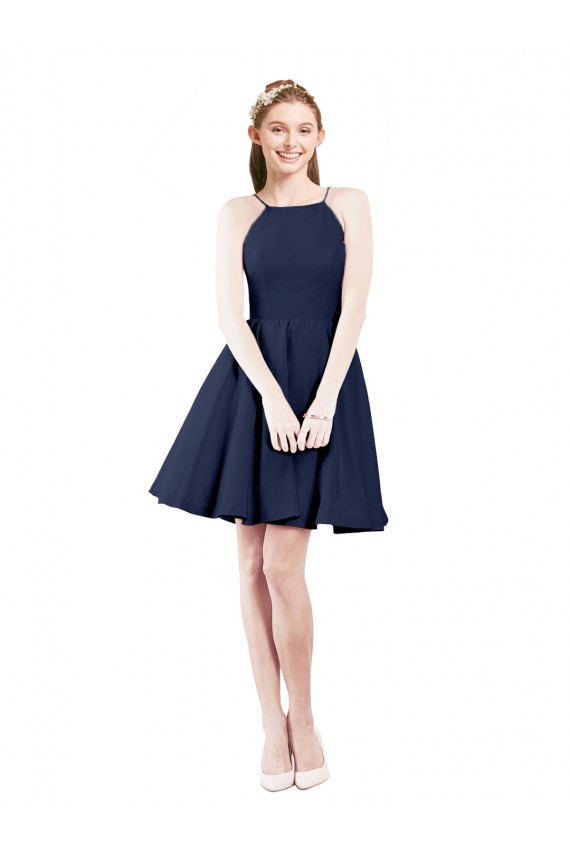 Bleu marine foncé Trapèze Licou Satiné Courte Robes demoiselle d'honneur / Robes de cocktail à Vendre